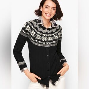 Talbots Womens Snowflake Fair Isle Cotton Cardigan Sweater Black/White Small NEW